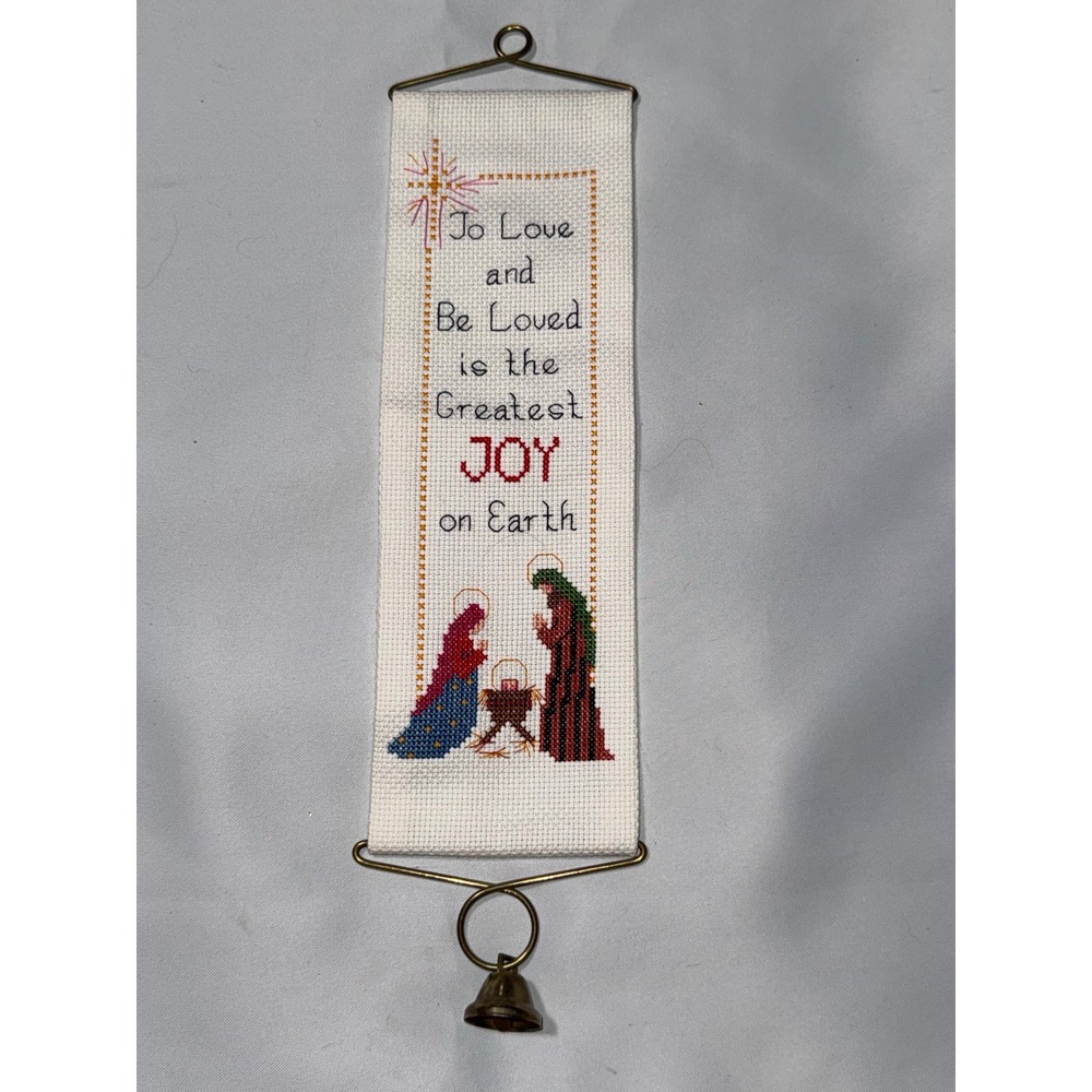 Vintage Cross Stitch Nativity Wall Hanging Bell To Love and Be Loved Religious